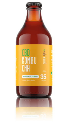 A bottle of CBD ginger kombucha beverage